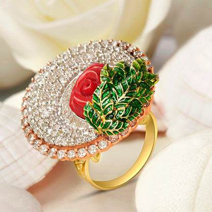 DIAMOND RING WITH CORAL STONE AND ENAMEL