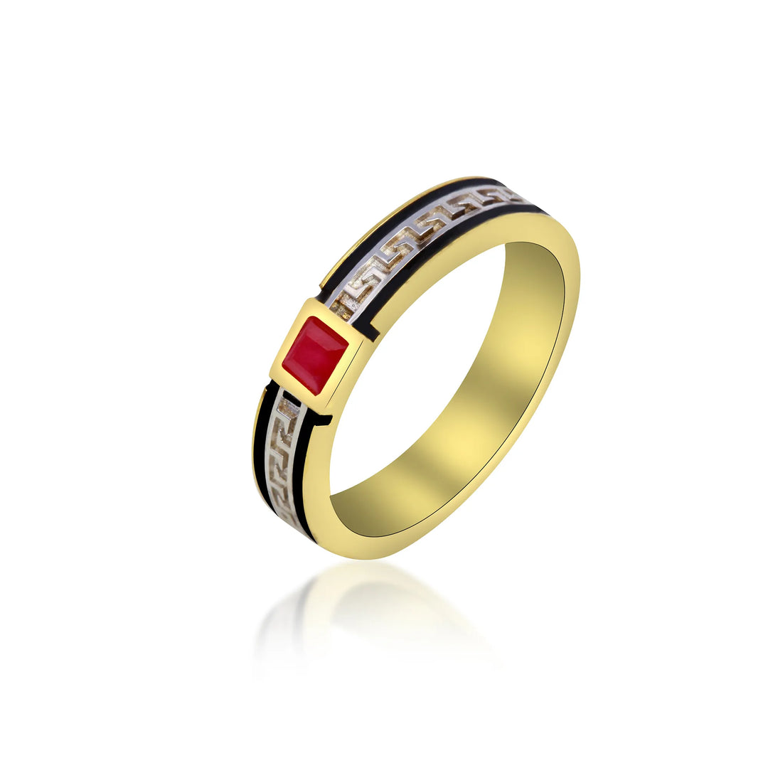 Gold-plated silver ring with red and black stone accents