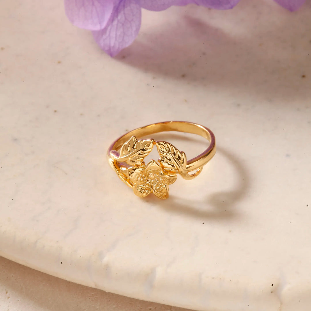 Textured Flower and Leaf Design Ring - Gold Plated Silver Ring for Women by DRK Jewels