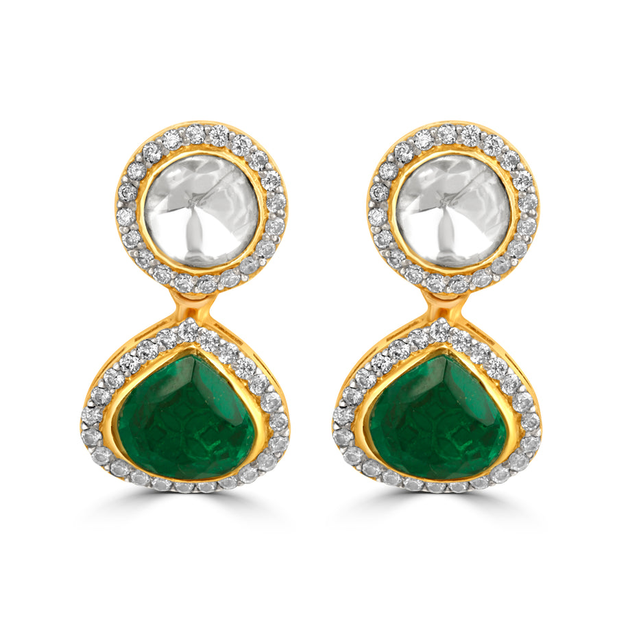 Silver Meadows Earrings | Gold Plated 925 Sterling Silver Green Stone Polki Drop Earrings