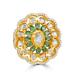 Load image into Gallery viewer, Silver Gold plated ring with green gemstones and diamonds on a white background
