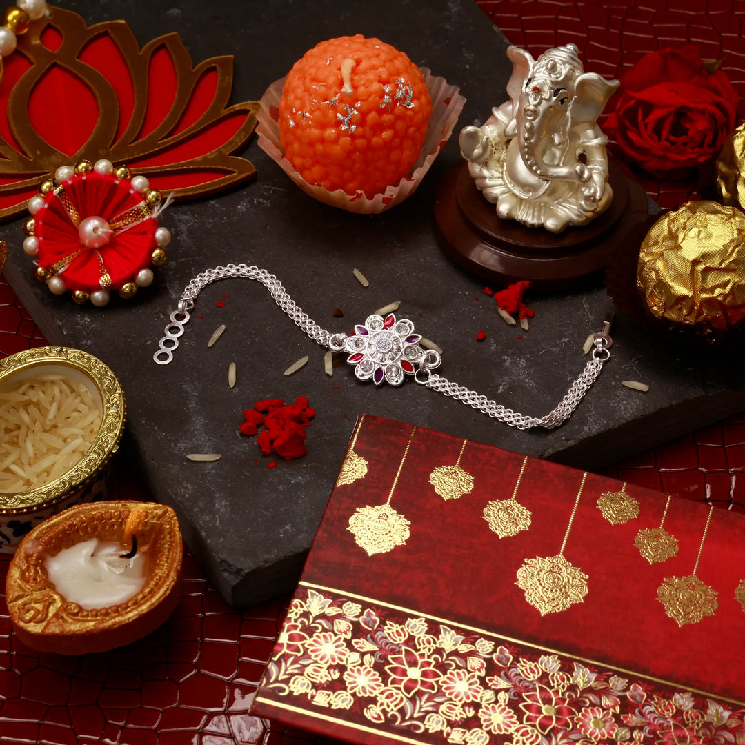 🎁 Silver Coated The Celestial Floral Rakhi (100% off)