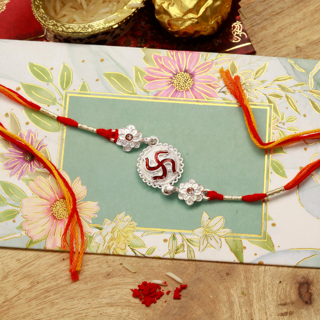 🎁 Silver Coated Swastik Charm Rakhi (100% off)