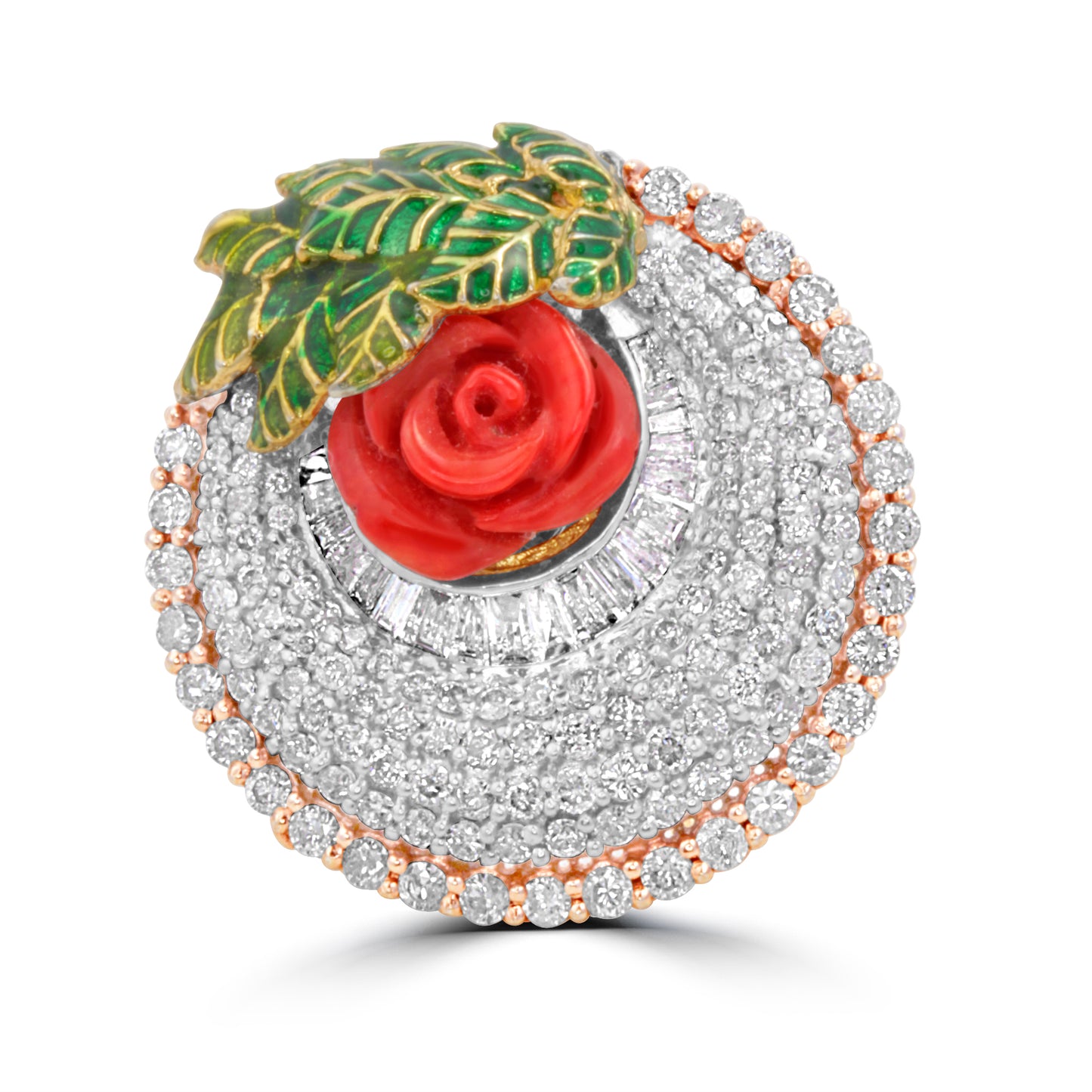 DIAMOND RING WITH CORAL STONE AND ENAMEL