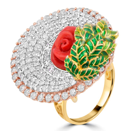 DIAMOND RING WITH CORAL STONE AND ENAMEL