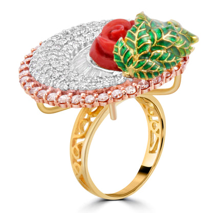 DIAMOND RING WITH CORAL STONE AND ENAMEL