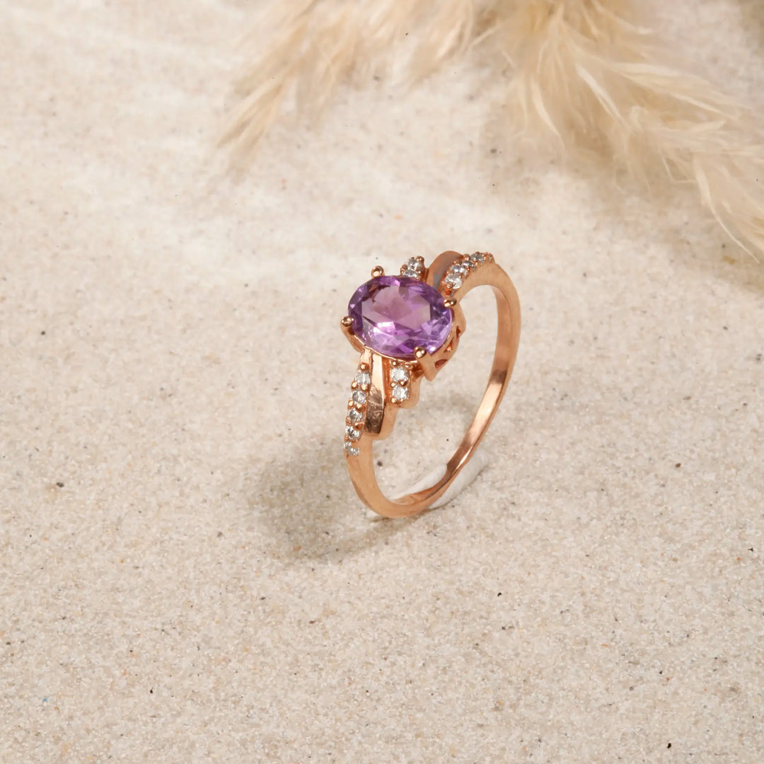 Rose Gold Plated Oval Cut Amethyst Purple Stone Ring with Diamond Accents