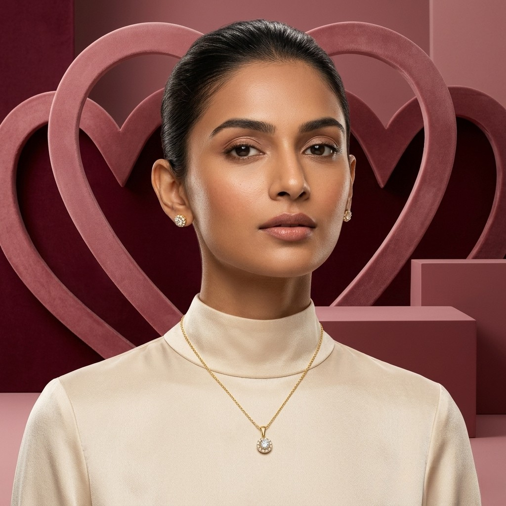 9KT Gold Diamond Halo Pendant & Stud Earrings Set
