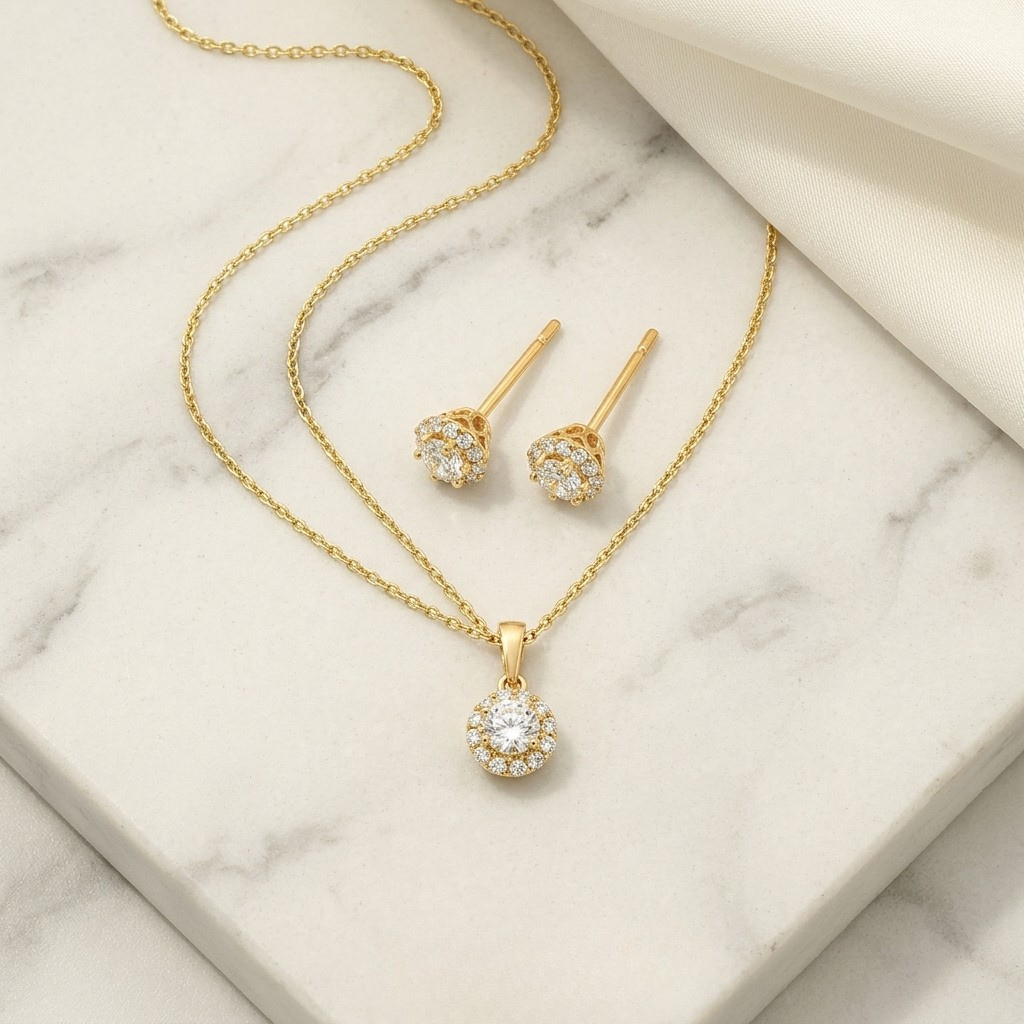 9KT Gold Diamond Halo Pendant & Stud Earrings Set