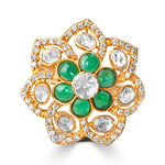 Load image into Gallery viewer, Side Angle of Designer Gold Plated Floral Ring with Green Emeralds