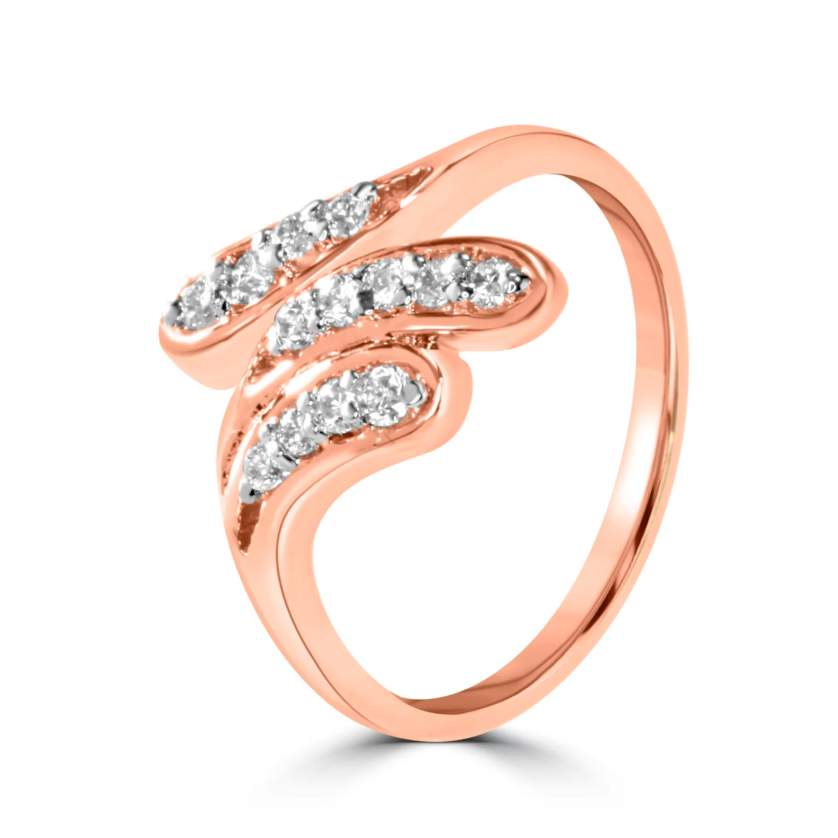 Designer Rose Gold Bypass Ring with Cubic Zirconia Wave Pattern - Latest Collection
