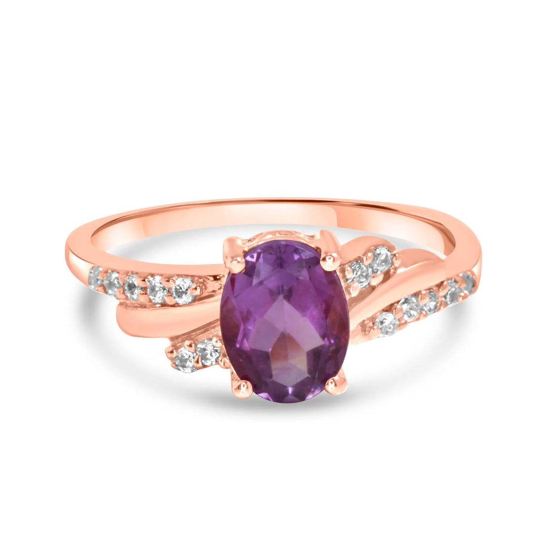 Side View of Designer Rose Gold Ring with Oval Purple Stone and CZ Details
