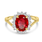 Designer Split Shank Gold Ring with Ruby Gemstone and Diamond Setting