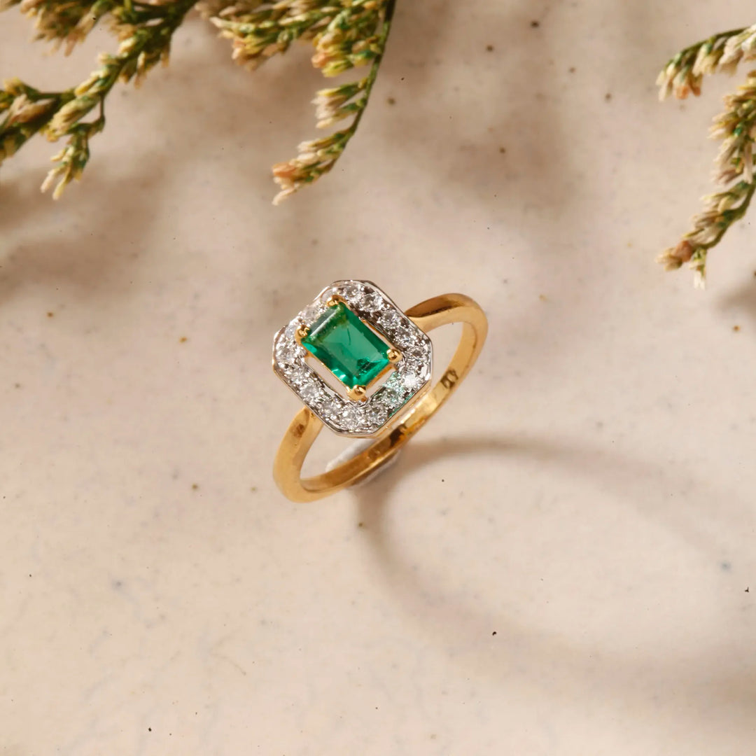 Elegant Gold Plated Emerald Ring on Model Hand - Party Wear Jewellery