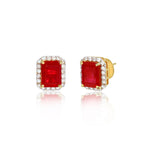 Load image into Gallery viewer, Emerald Cut Ruby Red Stone Stud Earrings with Diamond Halo - Gold Plated