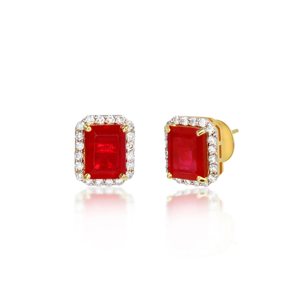 Emerald Cut Ruby Red Stone Stud Earrings with Diamond Halo - Gold Plated