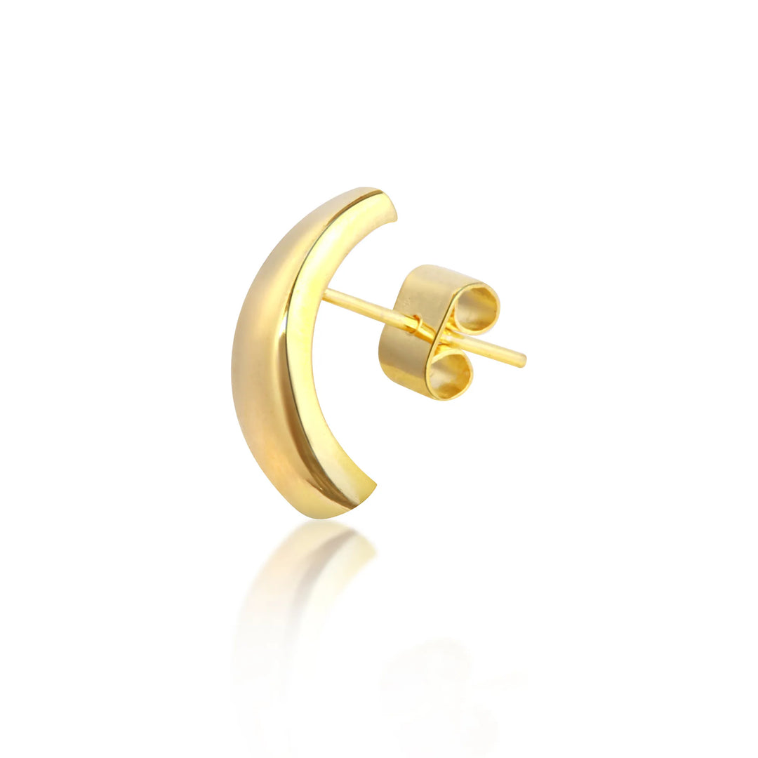 Side View of Gold Plated Half Hoop Stud Earrings with High Polish Finish