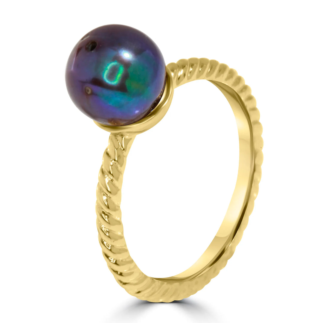 Gold Plated Ring with Round Black Pearl and Twisted Rope Band Design