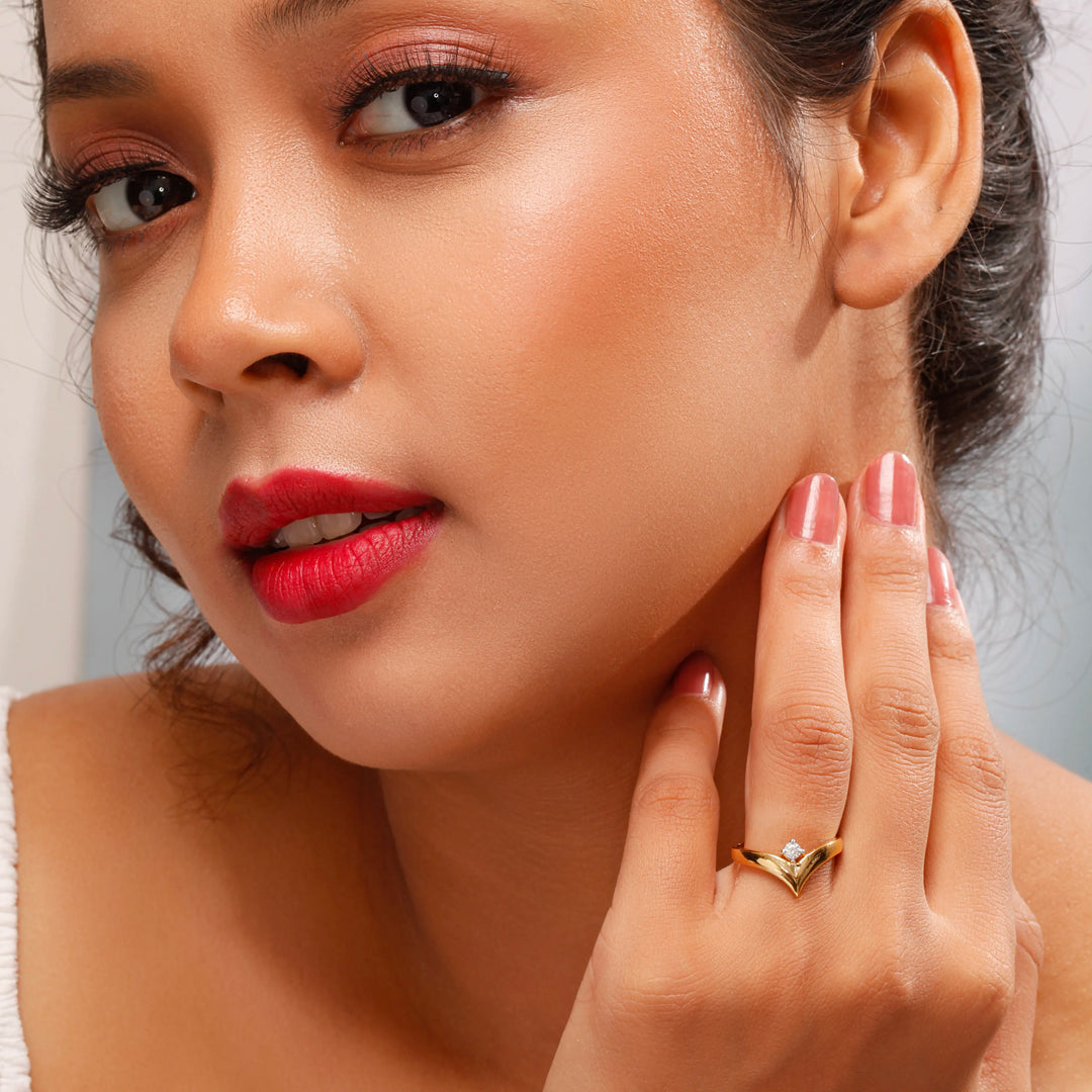 Gold Plated Chevron V-Shape Ring with Solitaire American Diamond - Minimalist Design