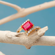 Gold Plated Emerald Cut Ruby Red Stone Ring with American Diamond Bypass Design
