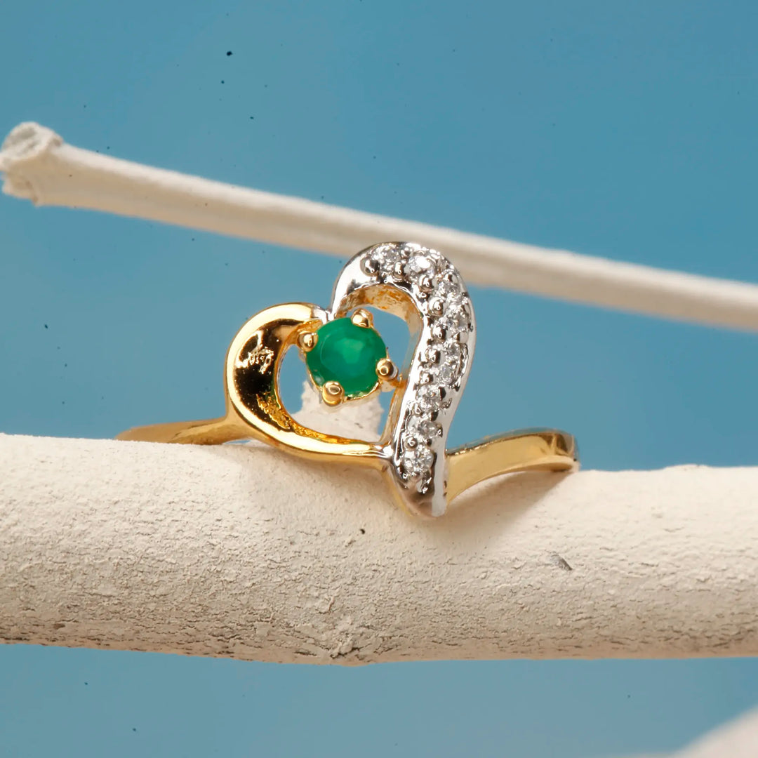 Gold Plated Heart Shaped Ring with Green Emerald Stone and Diamond Accents