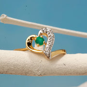 Gold Plated Heart Shaped Ring with Green Emerald Stone and Diamond Accents