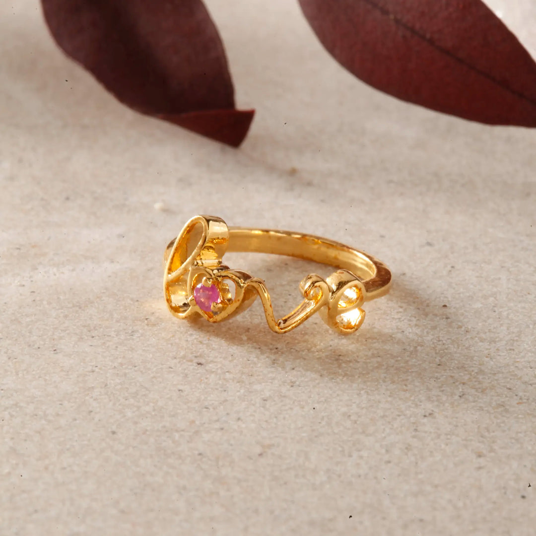 Gold Plated Love Script Ring with Pink Stone Heart - Romantic Gift for Her