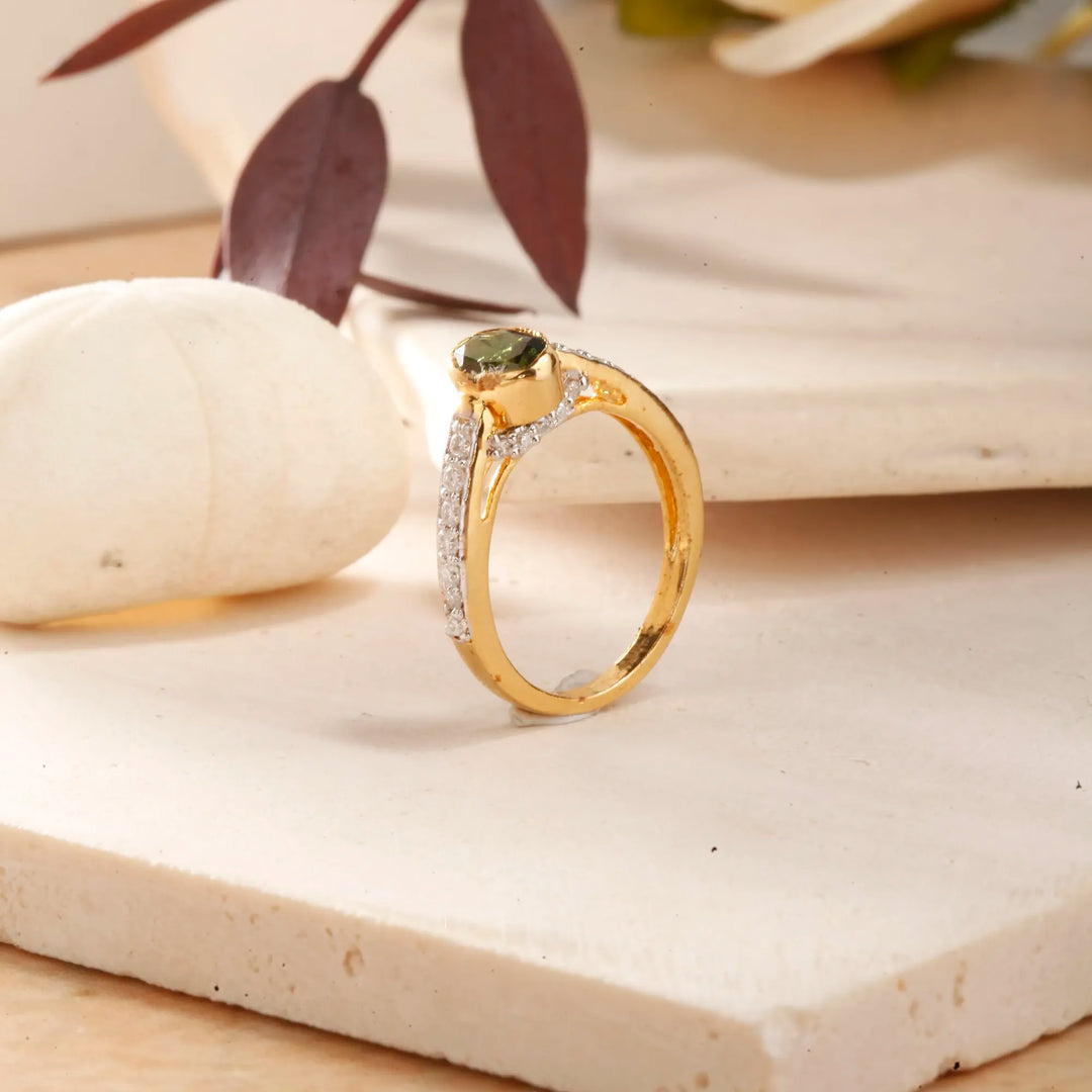 Gold Plated Oval Emerald Green Stone Ring in Bezel Setting - Daily Wear Design