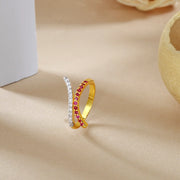 Gold Plated Crossover Ring with Ruby Red and White American Diamonds