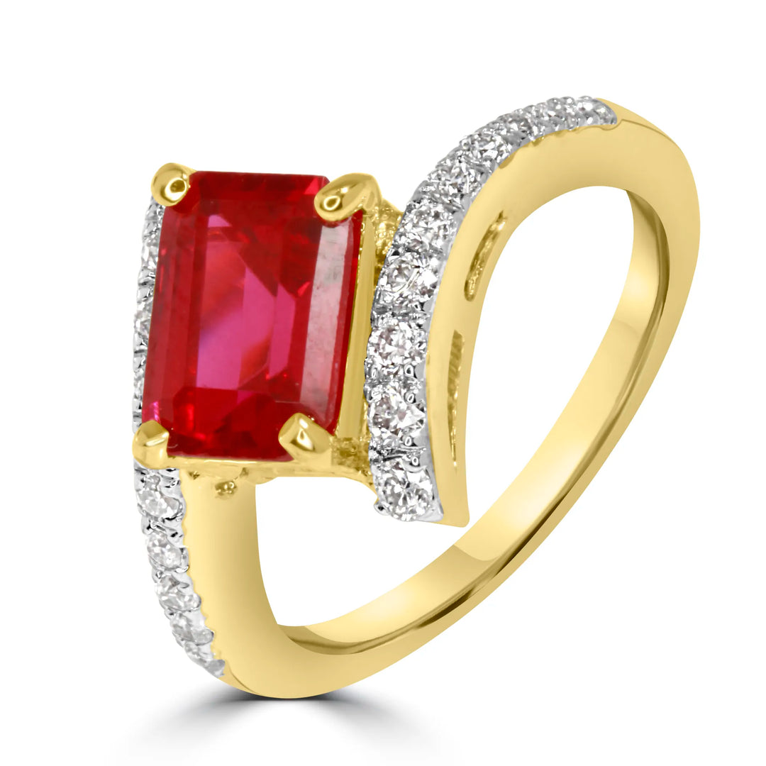 Side View of Gold Plated Ruby Ring with Diamond Accents on Shank