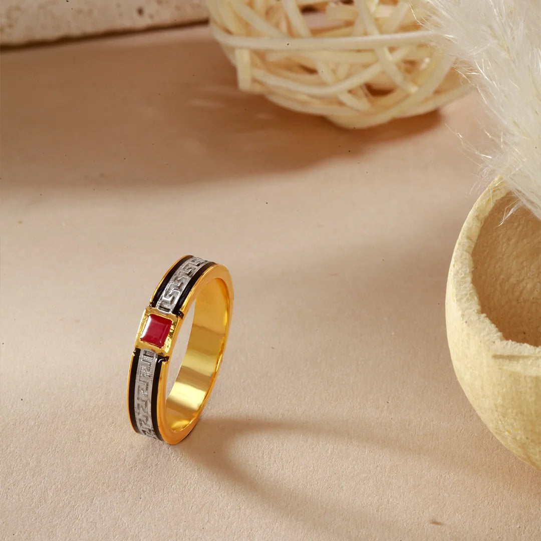 Scarlet Spell Ring in 92.5 silver with gold plating and red centre stone