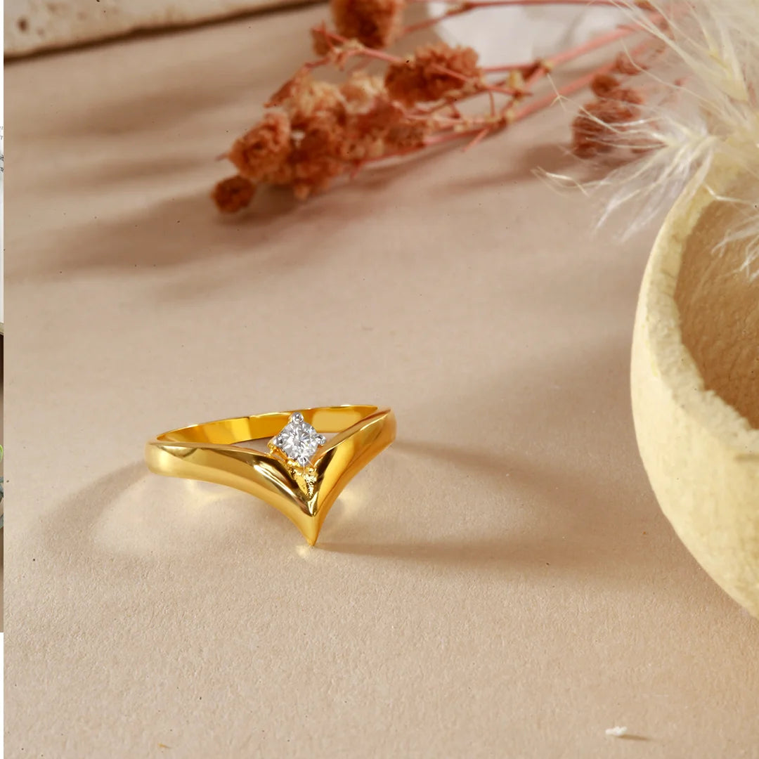 Modern Wishbone Style Gold Ring with Single Stone - Angled View