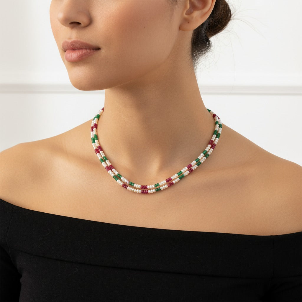 Multicolor Beaded Pearl Necklace for Women – Elegant Minimal Layered Jewellery