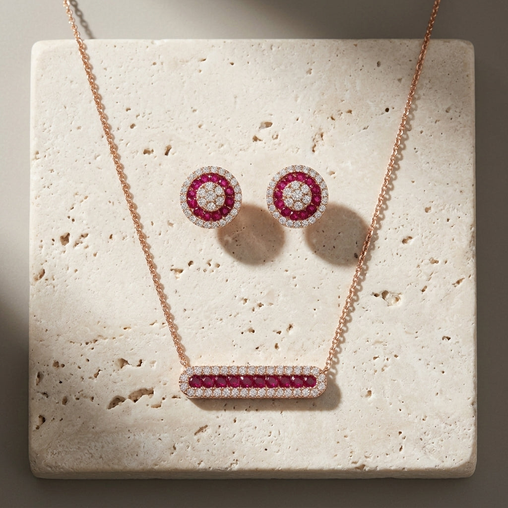 Rose Gold Pink Stone Necklace & Earrings Set for Women – Elegant Luxury Jewellery