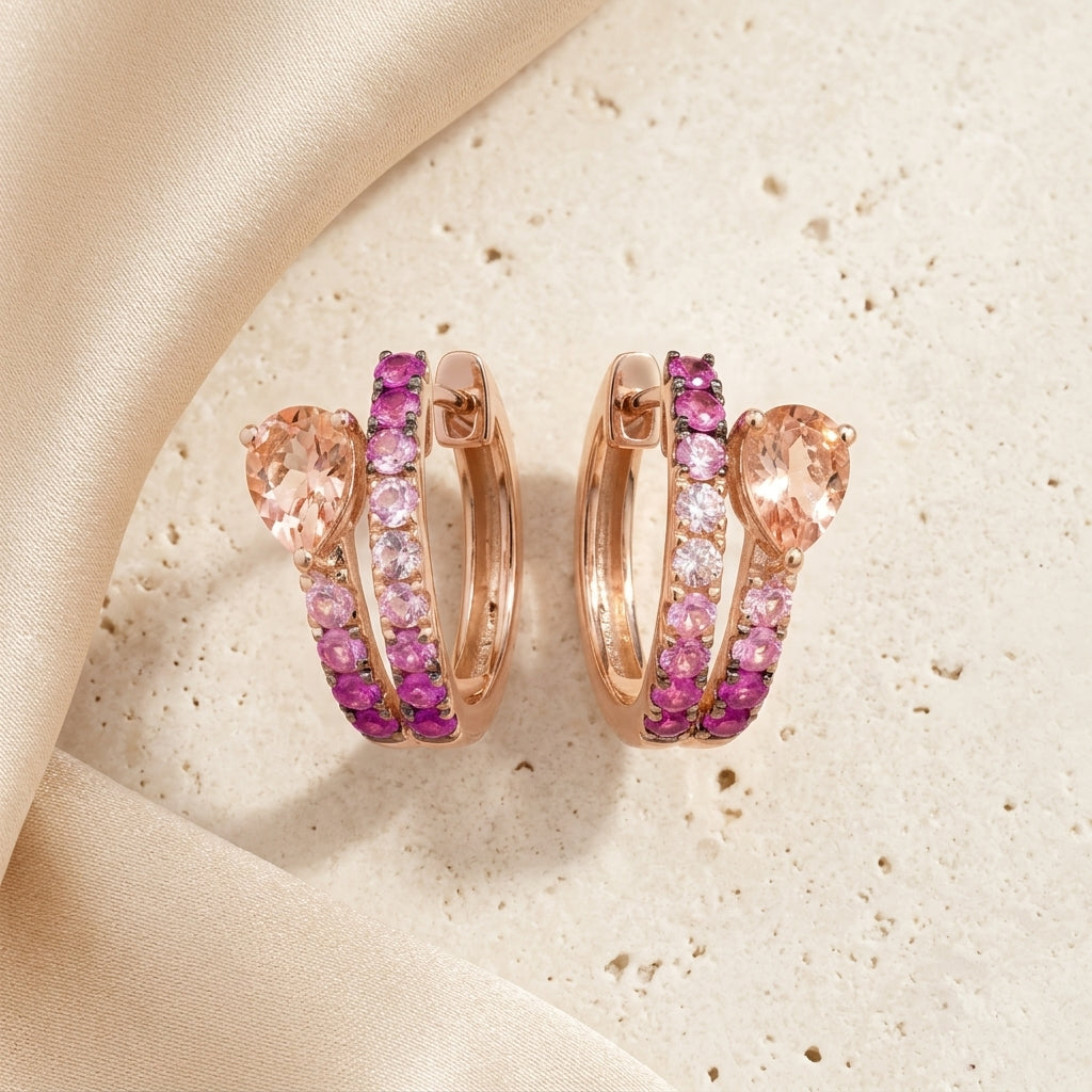 Pink Sapphire & Morganite Double Hoop Gold Earrings for Women