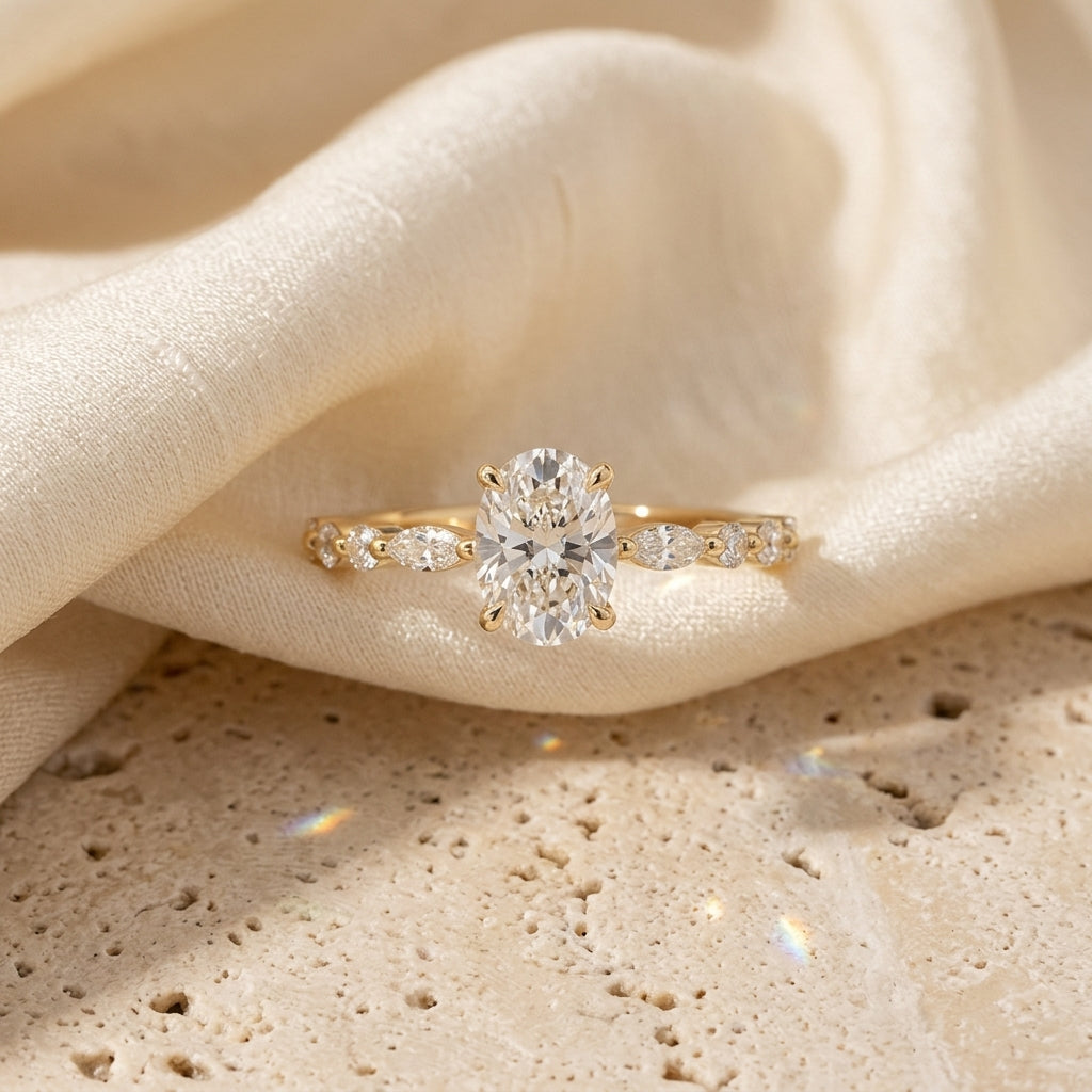 Marquise Accent Stones Oval Lab Grown Diamond Gold Solitaire Ring
