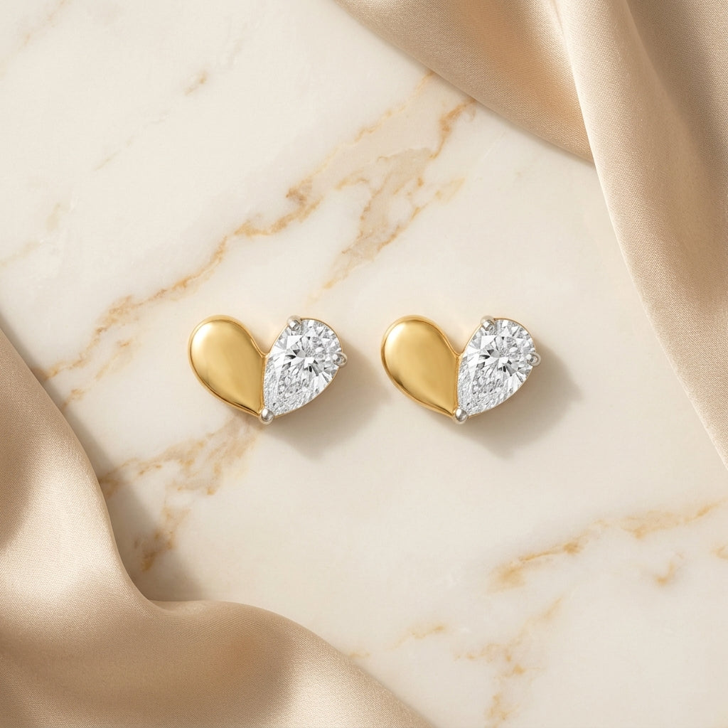 9KT Gold Diamond Heart Stud Earrings for Women