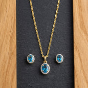 9KT Gold Blue Topaz Halo Pendant Necklace & Stud Earrings Set