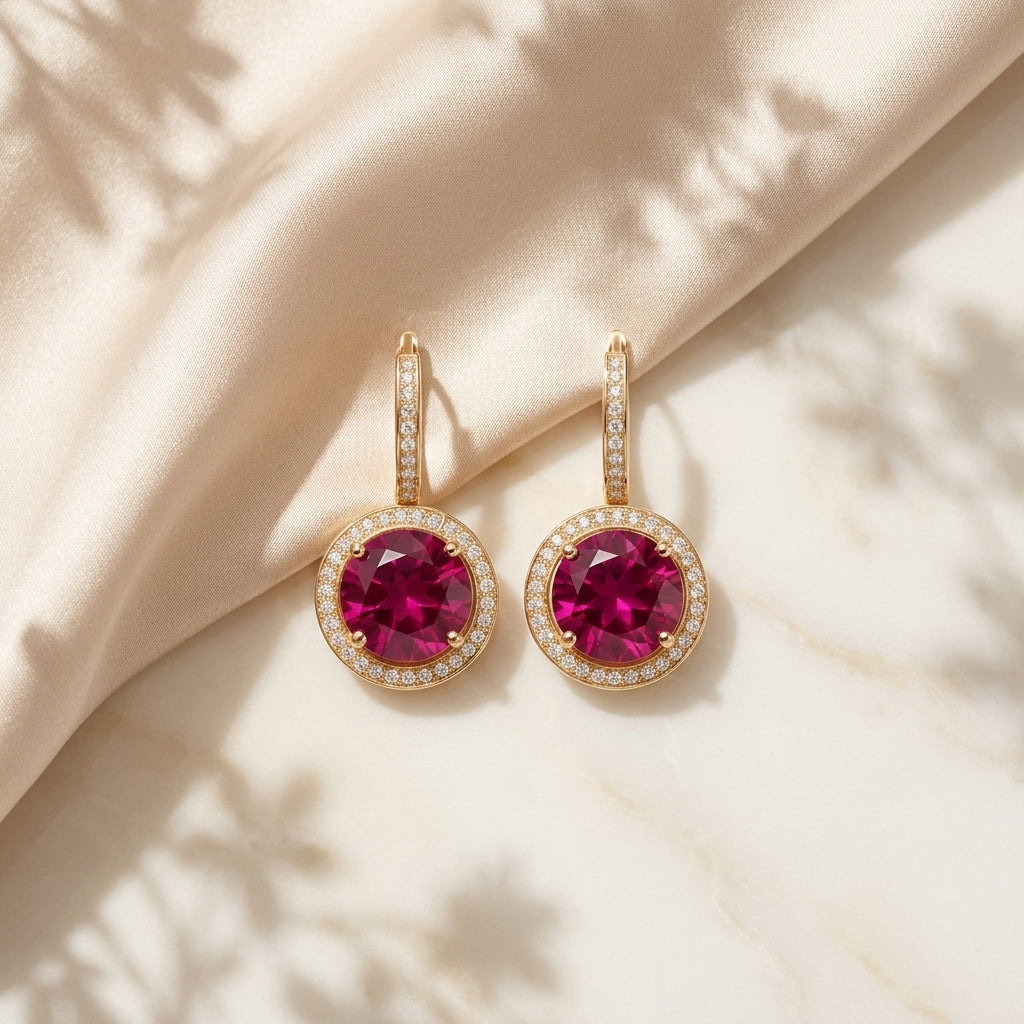9KT Gold Ruby Halo Drop Earrings for Women