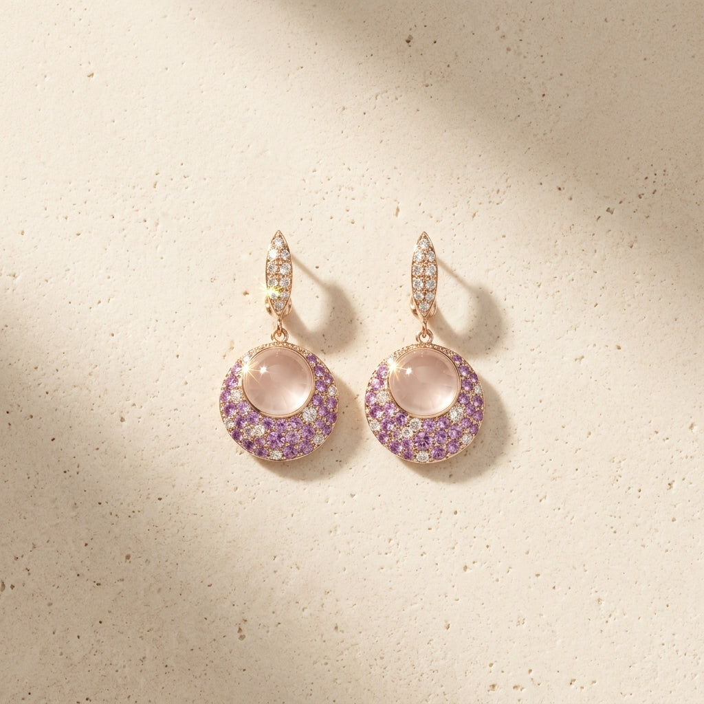 Pink Sapphire & Rose Quartz Diamond Gold Drop Earrings for Women