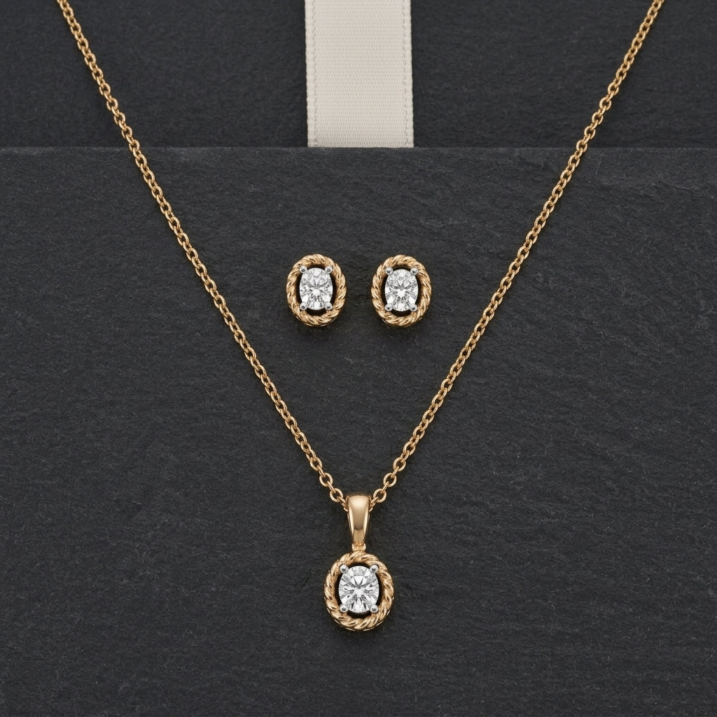 9KT Gold Oval Halo Pendant Necklace & Stud Earrings Set