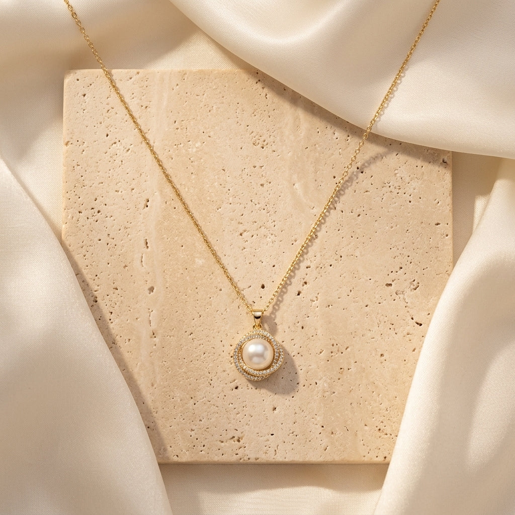 9KT Gold Pearl Halo Pendant Necklace for Women