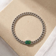 925 Sterling Silver Cuban Link Bracelet with Green Opal Stone for Men