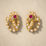 Load image into Gallery viewer, Ruby &amp; Pearl Designer Gold Stud Earrings