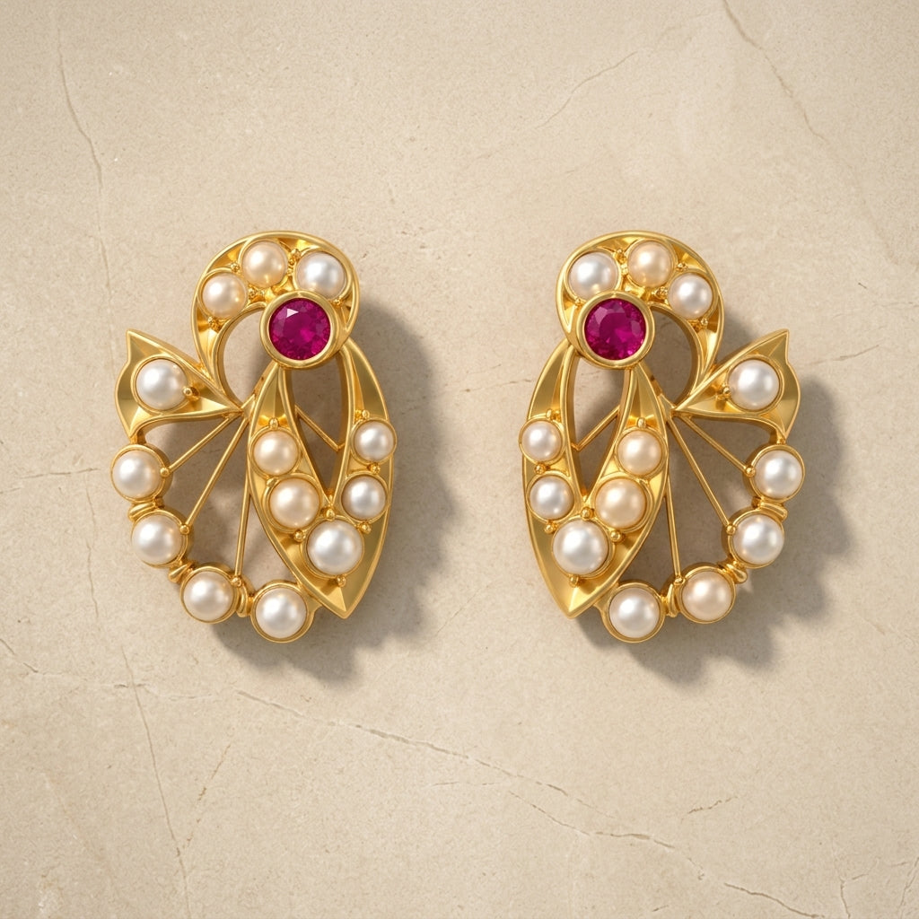 Ruby & Pearl Designer Gold Stud Earrings