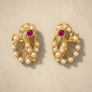 Ruby & Pearl Designer Gold Stud Earrings