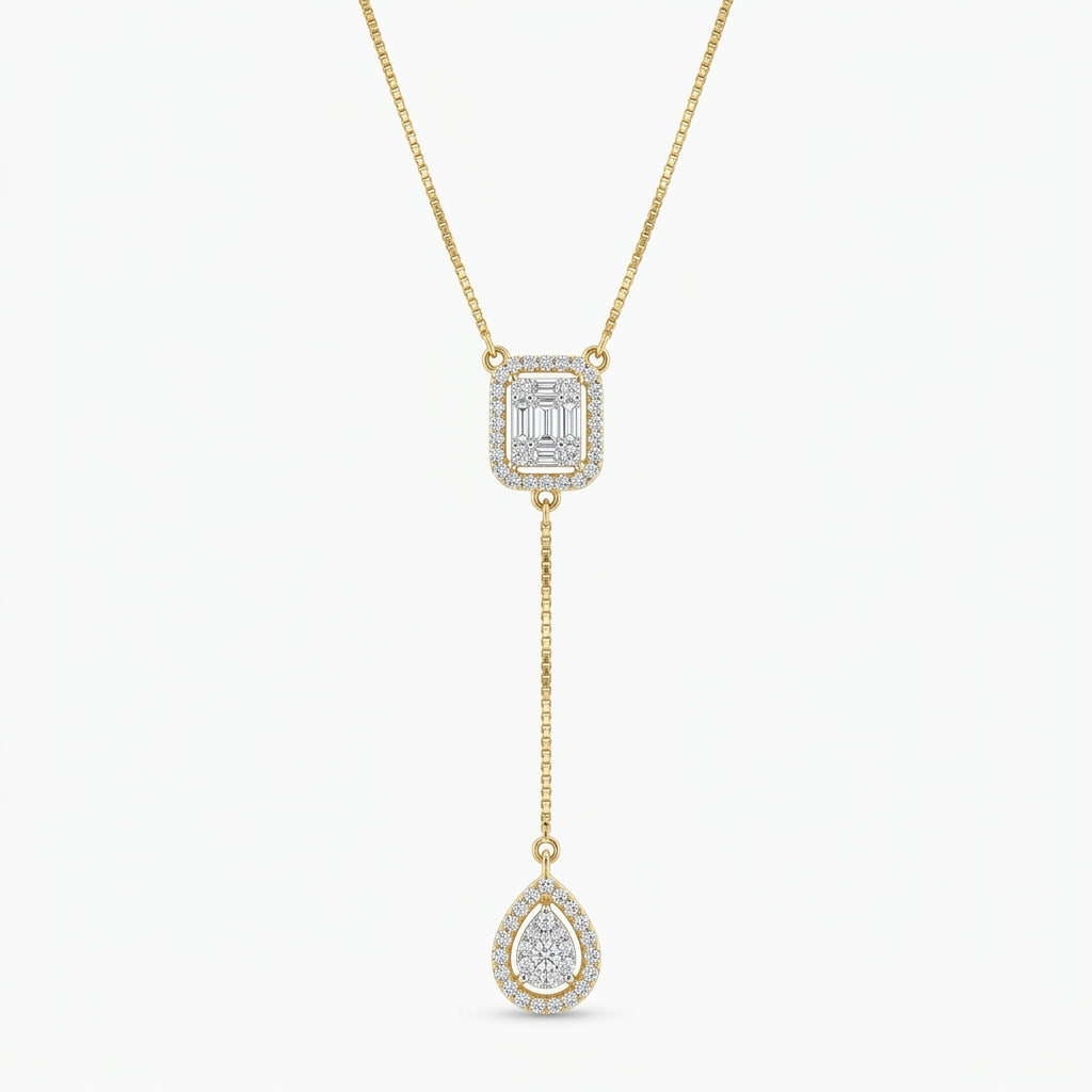 Emerald Cut & Pear Drop Lab Grown Diamond Y Necklace in Gold