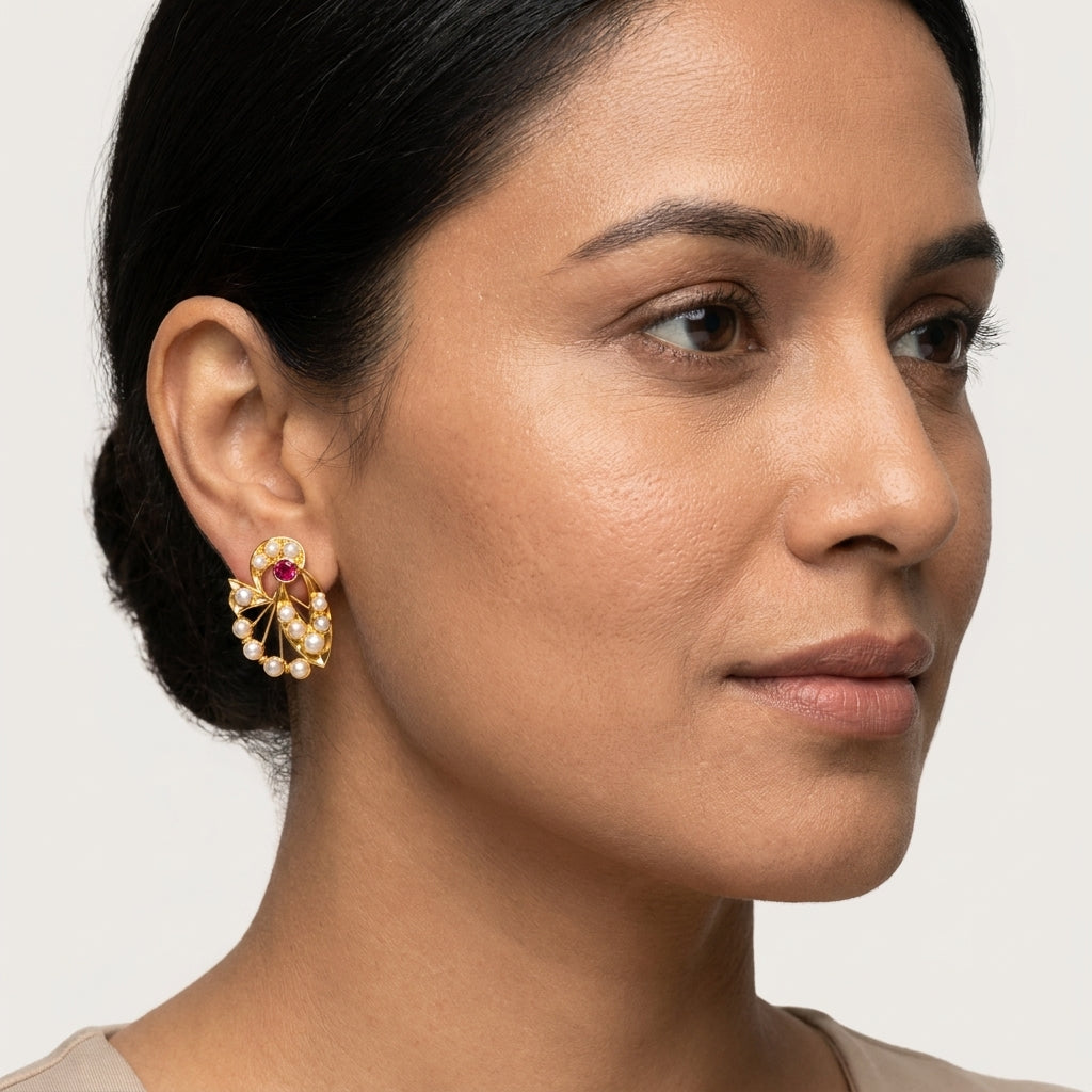 Ruby & Pearl Designer Gold Stud Earrings