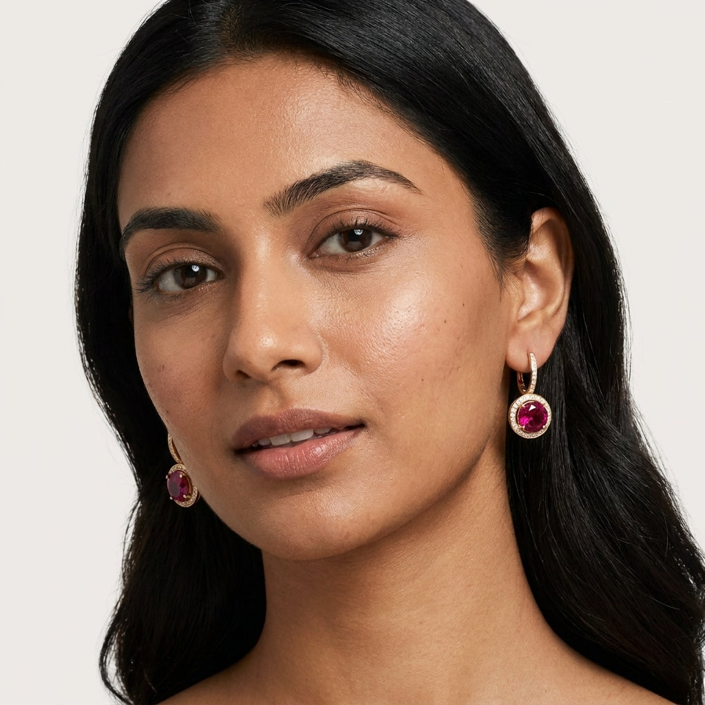 9KT Gold Ruby Halo Drop Earrings for Women