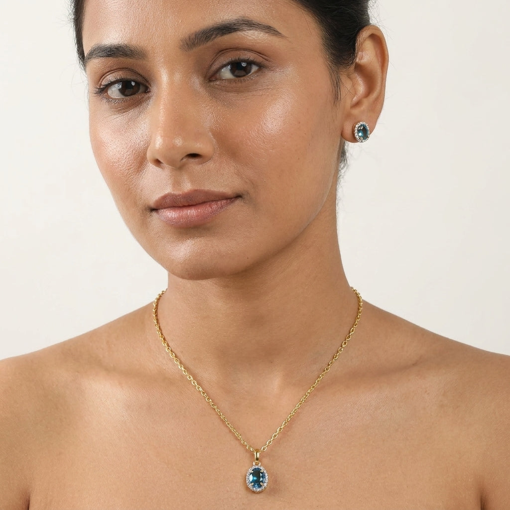 9KT Gold Blue Topaz Halo Pendant Necklace & Stud Earrings Set